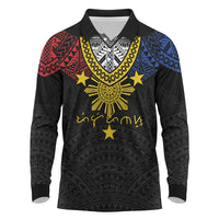 Philippines Heritage Baybayin Mix Polynesian Long Sleeve Polo Shirt LT7 Black - Polynesian Pride