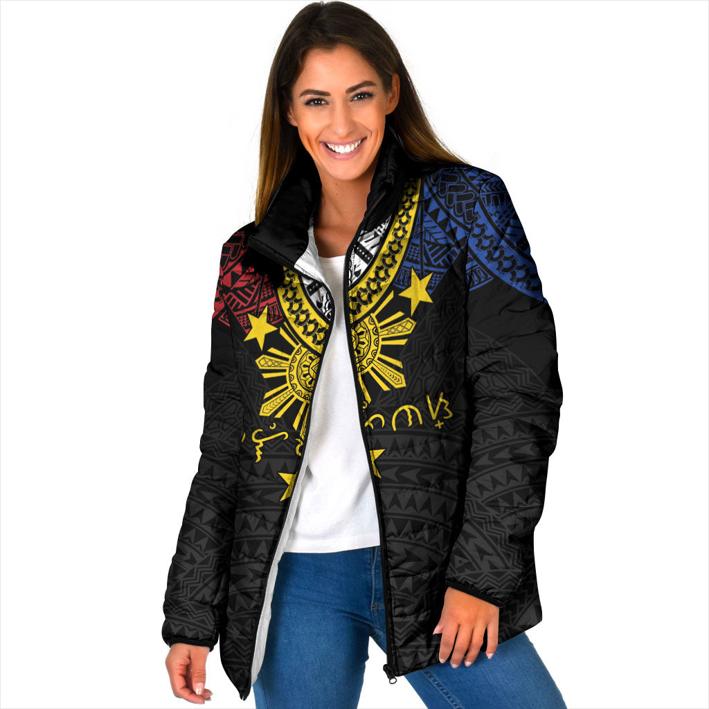 Philippines Heritage Baybayin Mix Polynesian Padded Jacket LT7 Women Black - Polynesian Pride