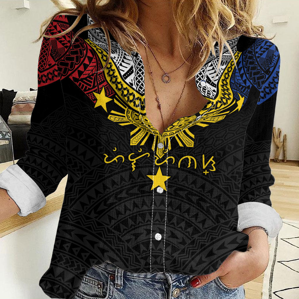 Philippines Heritage Baybayin Mix Polynesian Women Casual Shirt LT7 Female Black - Polynesian Pride