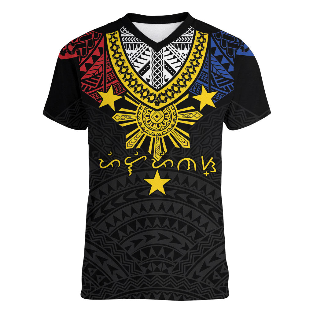 Philippines Heritage Baybayin Mix Polynesian Women V-Neck T-Shirt LT7 Female Black - Polynesian Pride