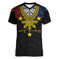 Philippines Heritage Baybayin Mix Polynesian Women V-Neck T-Shirt LT7 Female Black - Polynesian Pride
