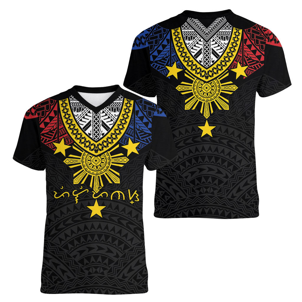 Philippines Heritage Baybayin Mix Polynesian Women V-Neck T-Shirt LT7 - Polynesian Pride