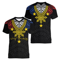 Philippines Heritage Baybayin Mix Polynesian Women V-Neck T-Shirt LT7 - Polynesian Pride