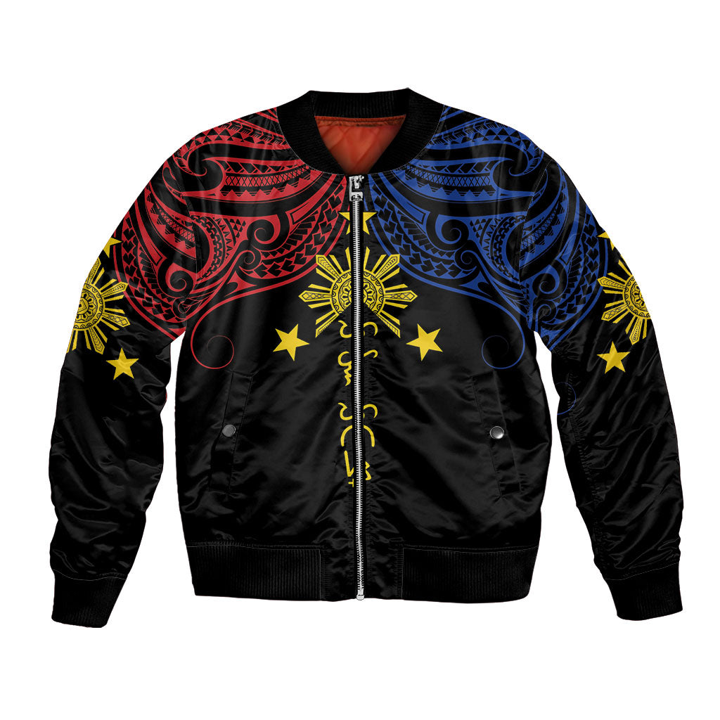 Philippines Heritage Personalized Bomber Jacket Baybayin Philipinas Sun