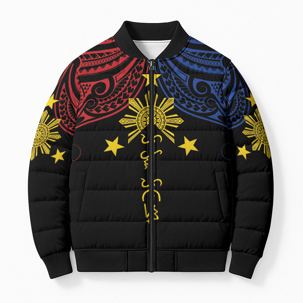 Philippines Heritage Personalized Bomber Puffer Jacket Baybayin Philipinas Sun LT7 Unisex Black - Polynesian Pride