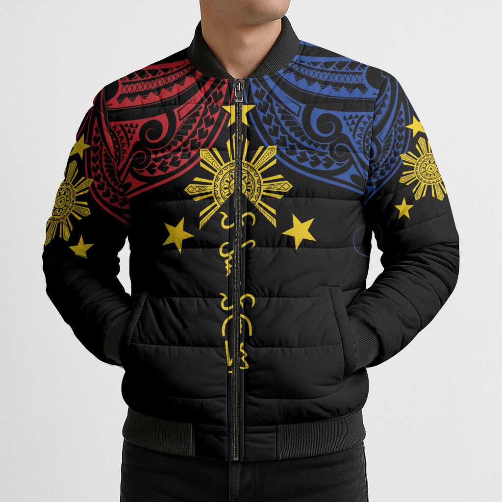 Philippines Heritage Personalized Bomber Puffer Jacket Baybayin Philipinas Sun LT7 - Polynesian Pride