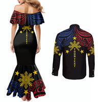Philippines Heritage Personalized Couples Matching Mermaid Dress and Long Sleeve Button Shirt Baybayin Philipinas Sun LT7 - Polynesian Pride