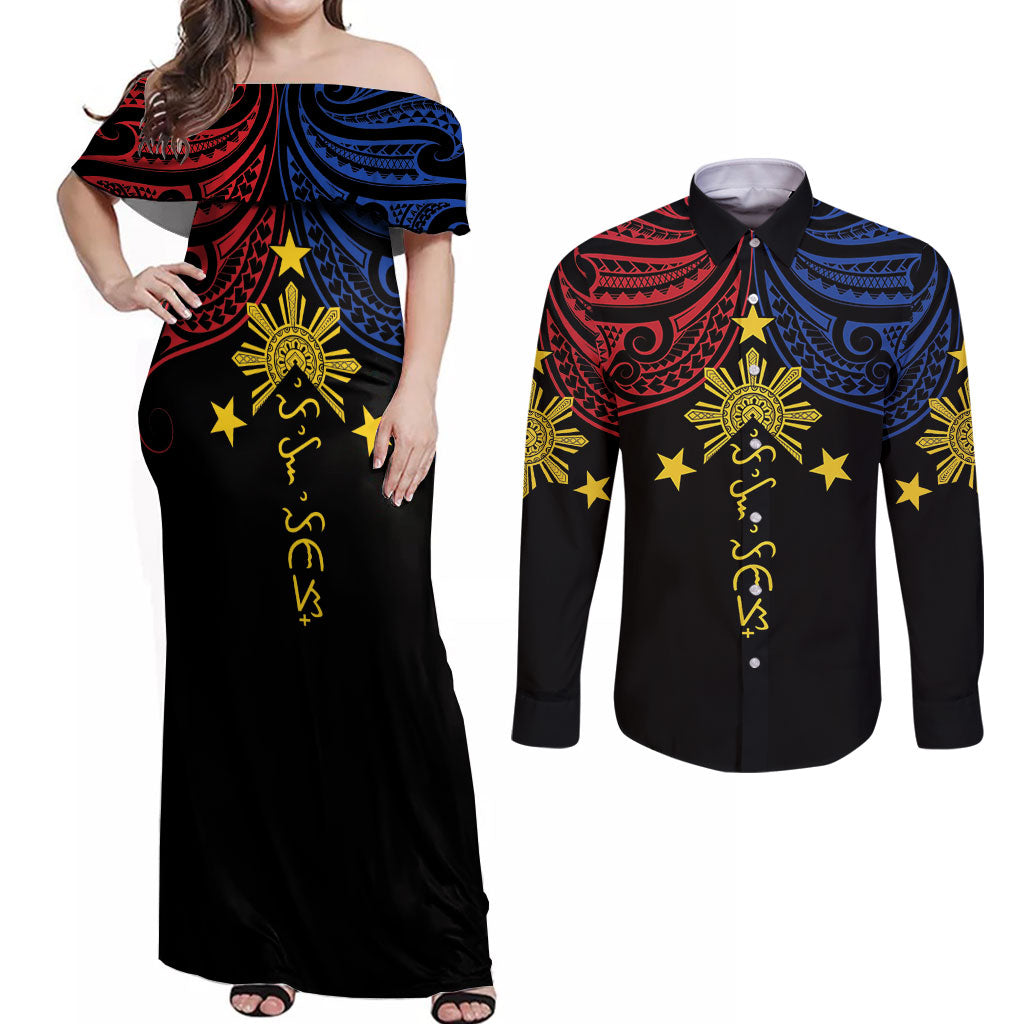 Philippines Heritage Personalized Couples Matching Off Shoulder Maxi Dress and Long Sleeve Button Shirt Baybayin Philipinas Sun LT7 Black - Polynesian Pride