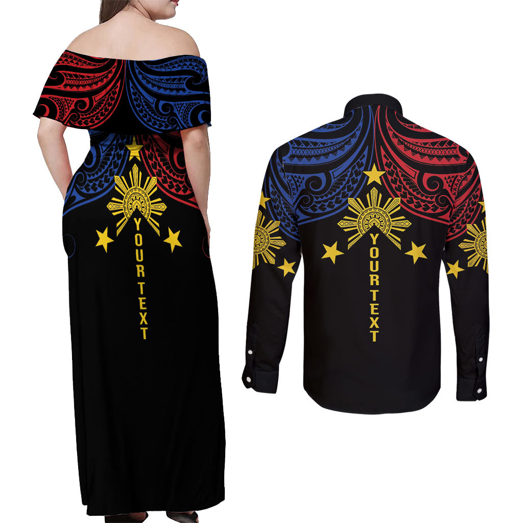 Philippines Heritage Personalized Couples Matching Off Shoulder Maxi Dress and Long Sleeve Button Shirt Baybayin Philipinas Sun LT7 - Polynesian Pride