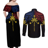 Philippines Heritage Personalized Couples Matching Off Shoulder Maxi Dress and Long Sleeve Button Shirt Baybayin Philipinas Sun LT7 - Polynesian Pride