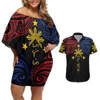 Philippines Heritage Personalized Couples Matching Off Shoulder Short Dress and Hawaiian Shirt Baybayin Philipinas Sun LT7 Black - Polynesian Pride