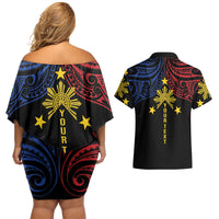Philippines Heritage Personalized Couples Matching Off Shoulder Short Dress and Hawaiian Shirt Baybayin Philipinas Sun LT7 - Polynesian Pride