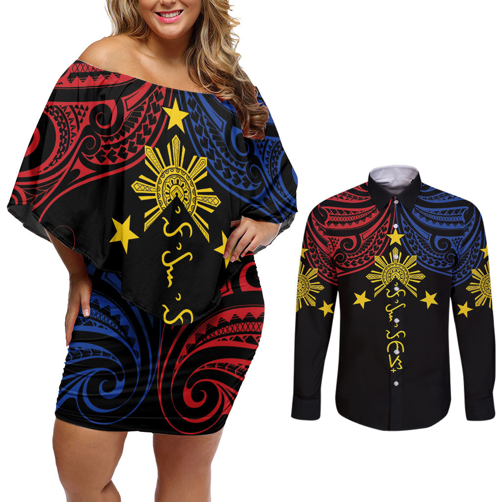 Philippines Heritage Personalized Couples Matching Off Shoulder Short Dress and Long Sleeve Button Shirt Baybayin Philipinas Sun LT7 Black - Polynesian Pride