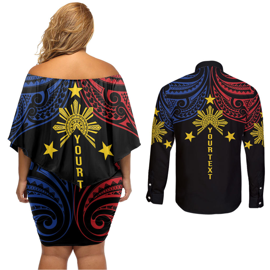 Philippines Heritage Personalized Couples Matching Off Shoulder Short Dress and Long Sleeve Button Shirt Baybayin Philipinas Sun LT7 - Polynesian Pride