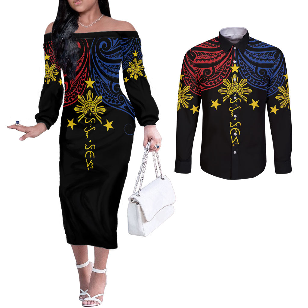 Philippines Heritage Personalized Couples Matching Off The Shoulder Long Sleeve Dress and Long Sleeve Button Shirt Baybayin Philipinas Sun