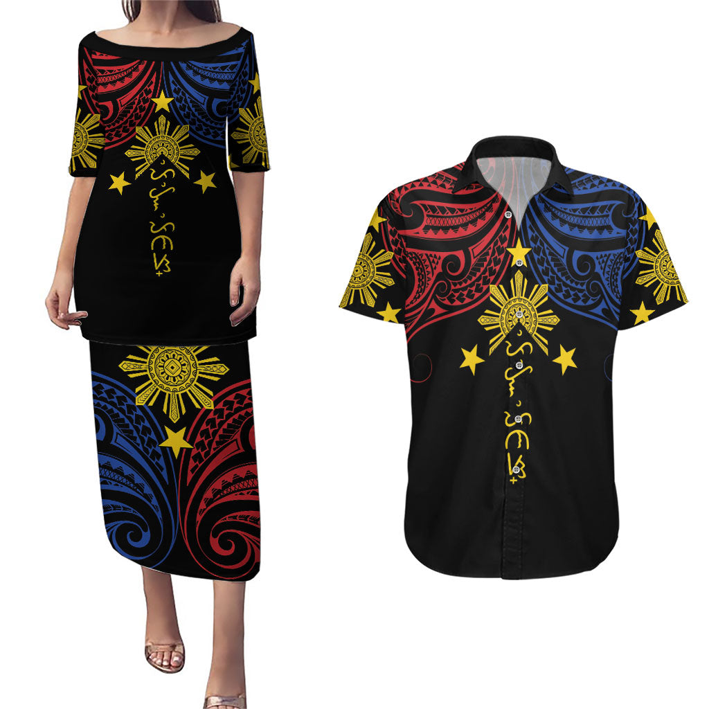 Philippines Heritage Personalized Couples Matching Puletasi and Hawaiian Shirt Baybayin Philipinas Sun LT7 Black - Polynesian Pride