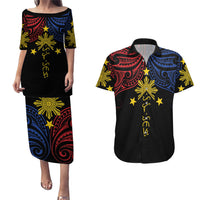 Philippines Heritage Personalized Couples Matching Puletasi and Hawaiian Shirt Baybayin Philipinas Sun LT7 Black - Polynesian Pride