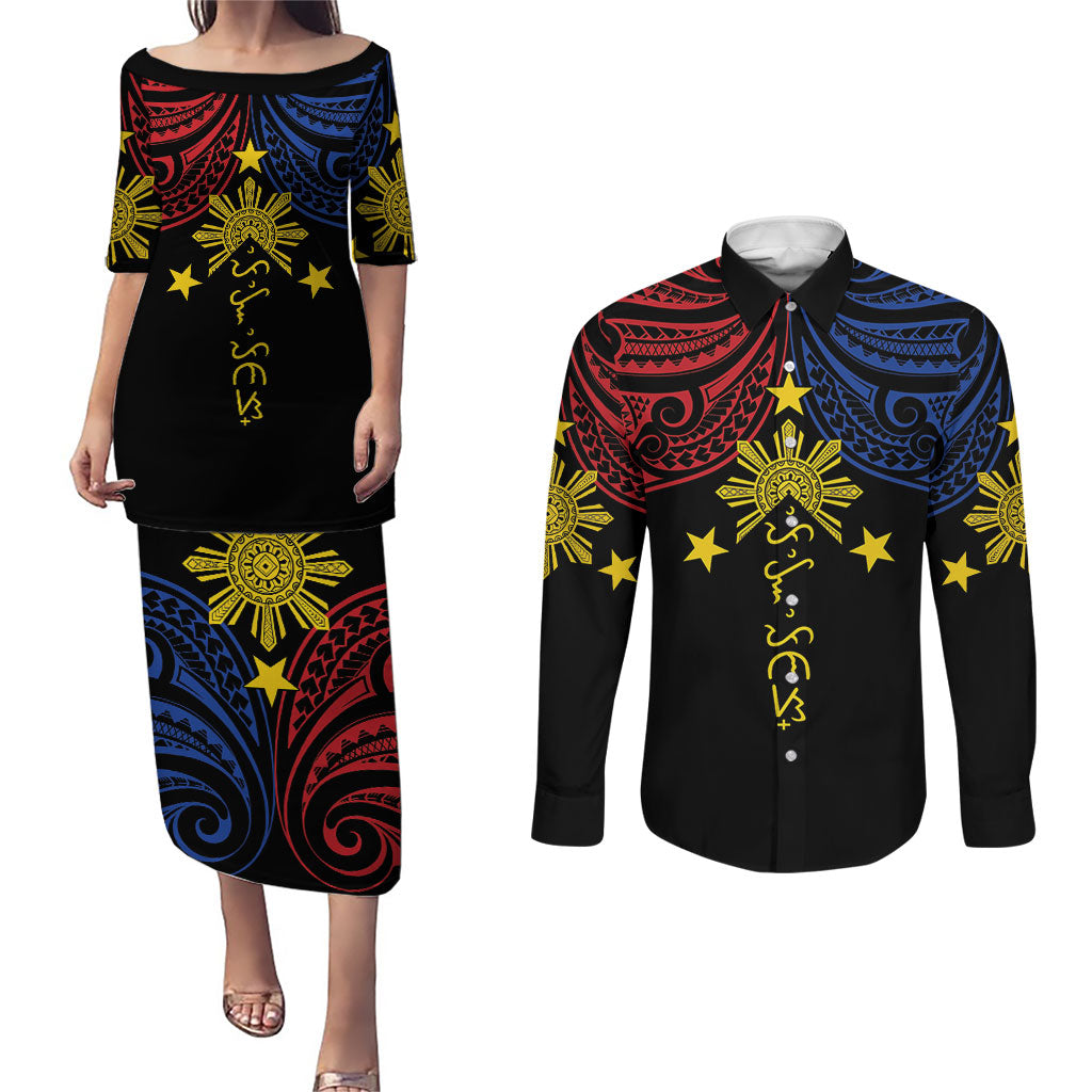 Philippines Heritage Personalized Couples Matching Puletasi and Long Sleeve Button Shirt Baybayin Philipinas Sun LT7 Black - Polynesian Pride