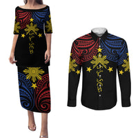 Philippines Heritage Personalized Couples Matching Puletasi and Long Sleeve Button Shirt Baybayin Philipinas Sun LT7 Black - Polynesian Pride