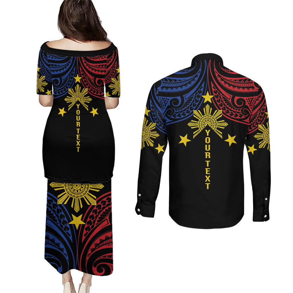 Philippines Heritage Personalized Couples Matching Puletasi and Long Sleeve Button Shirt Baybayin Philipinas Sun LT7 - Polynesian Pride