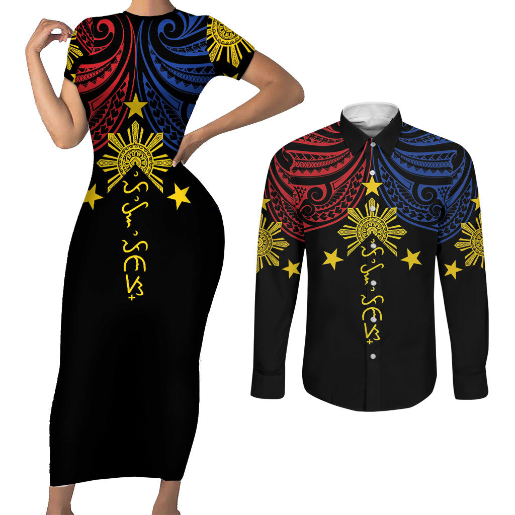 Philippines Heritage Personalized Couples Matching Short Sleeve Bodycon Dress and Long Sleeve Button Shirt Baybayin Philipinas Sun LT7 Black - Polynesian Pride