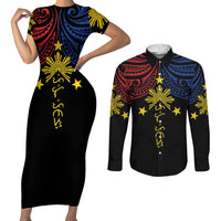 Philippines Heritage Personalized Couples Matching Short Sleeve Bodycon Dress and Long Sleeve Button Shirt Baybayin Philipinas Sun LT7 Black - Polynesian Pride