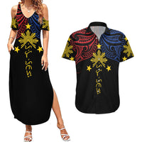Philippines Heritage Personalized Couples Matching Summer Maxi Dress and Hawaiian Shirt Baybayin Philipinas Sun LT7 Black - Polynesian Pride