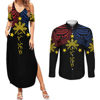 Philippines Heritage Personalized Couples Matching Summer Maxi Dress and Long Sleeve Button Shirt Baybayin Philipinas Sun LT7 Black - Polynesian Pride