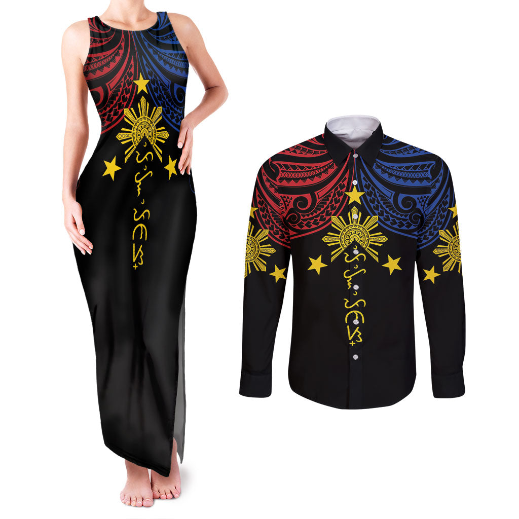 Philippines Heritage Personalized Couples Matching Tank Maxi Dress and Long Sleeve Button Shirt Baybayin Philipinas Sun LT7 Black - Polynesian Pride