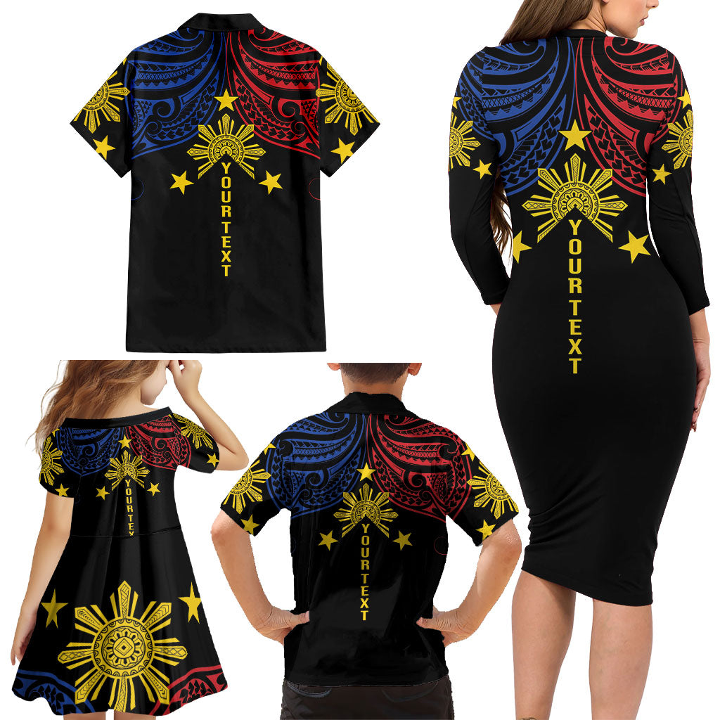 Philippines Heritage Personalized Family Matching Long Sleeve Bodycon Dress and Hawaiian Shirt Baybayin Philipinas Sun