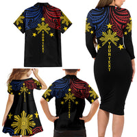 Philippines Heritage Personalized Family Matching Long Sleeve Bodycon Dress and Hawaiian Shirt Baybayin Philipinas Sun
