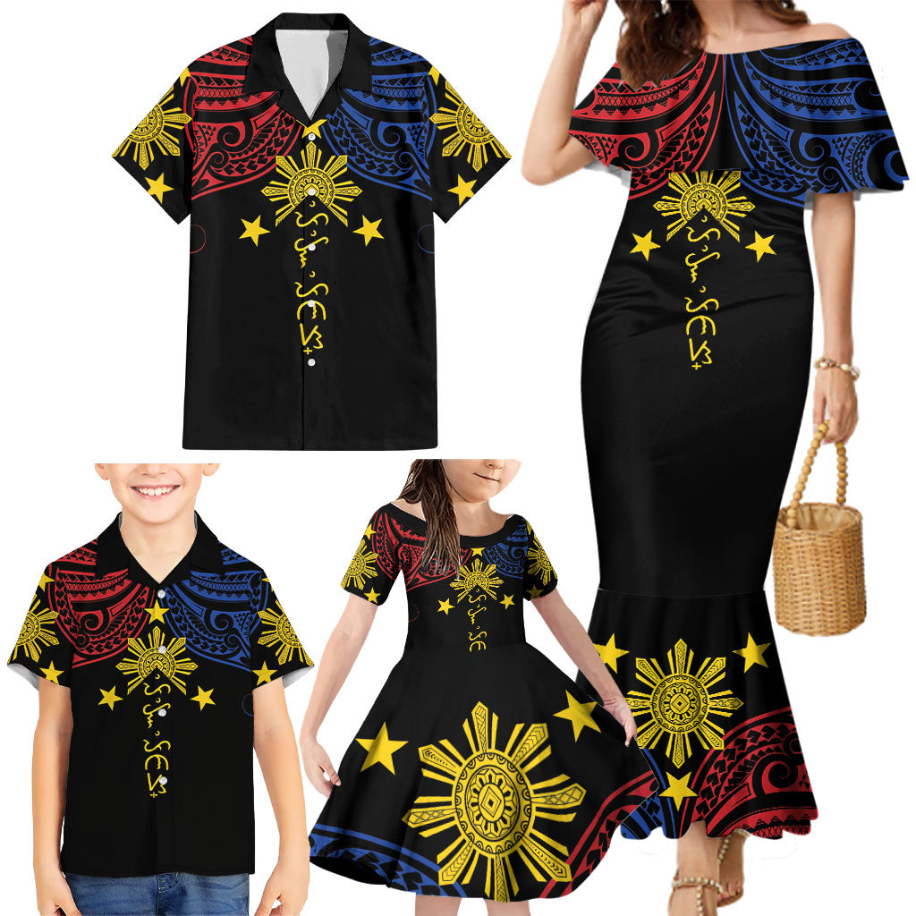 Philippines Heritage Personalized Family Matching Mermaid Dress and Hawaiian Shirt Baybayin Philipinas Sun