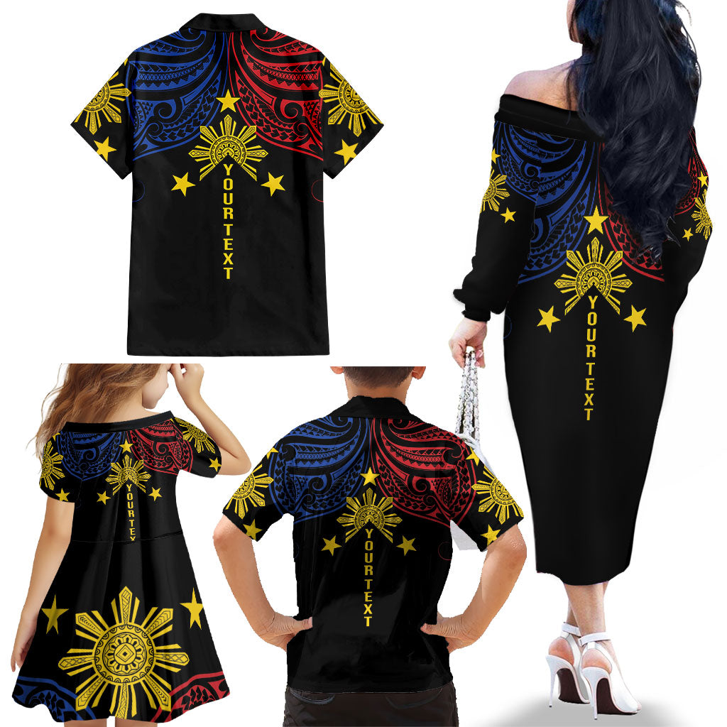 Philippines Heritage Personalized Family Matching Off The Shoulder Long Sleeve Dress and Hawaiian Shirt Baybayin Philipinas Sun