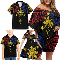 Philippines Heritage Personalized Family Matching Off Shoulder Short Dress and Hawaiian Shirt Baybayin Philipinas Sun