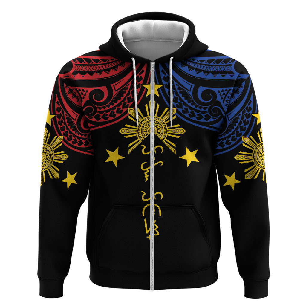Philippines Heritage Personalized Hoodie Baybayin Philipinas Sun LT7 Zip Hoodie Black - Polynesian Pride