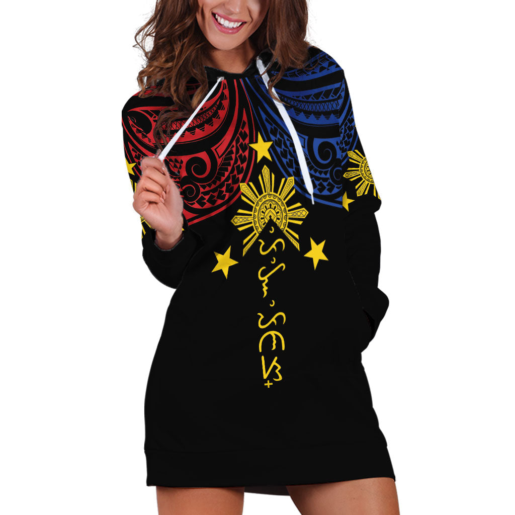 Philippines Heritage Personalized Hoodie Dress Baybayin Philipinas Sun LT7 Black - Polynesian Pride