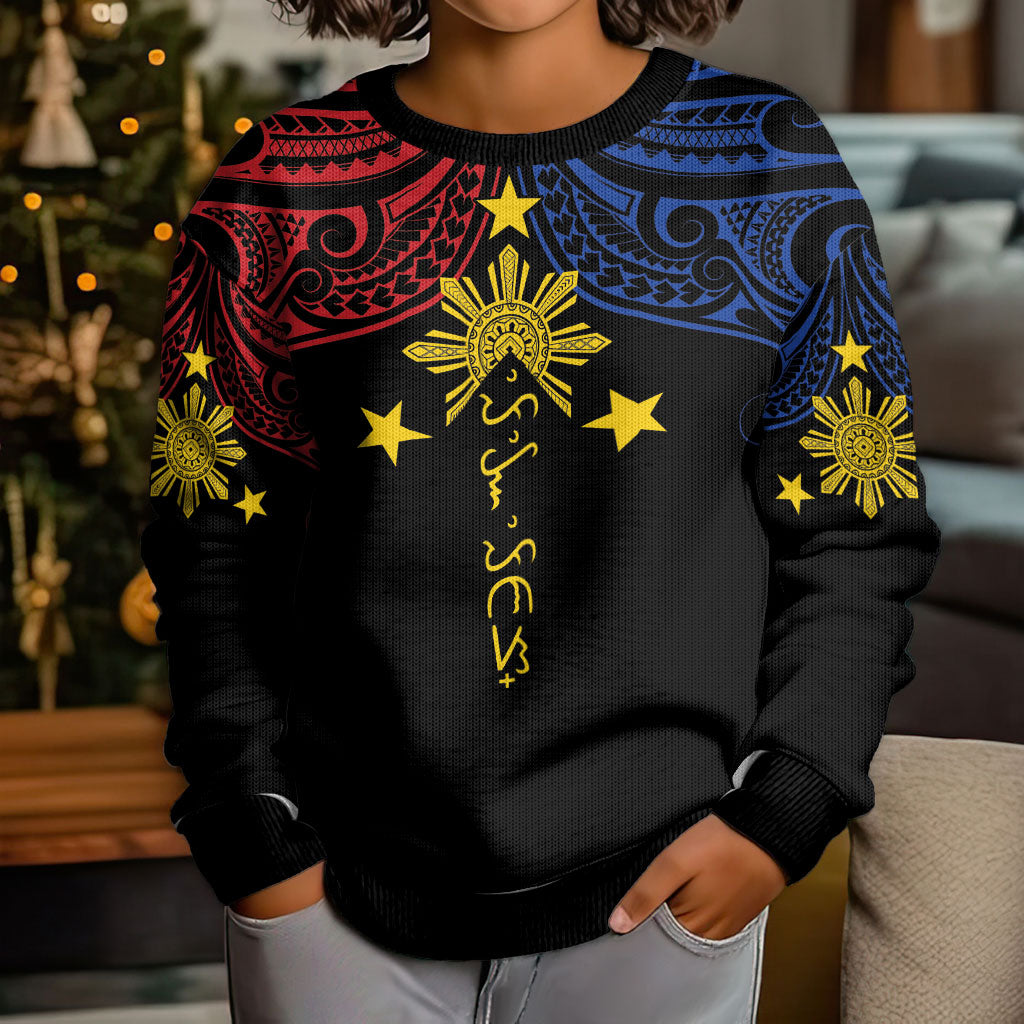Philippines Heritage Personalized Kid Ugly Christmas Sweater Baybayin Philipinas Sun LT7 - Polynesian Pride