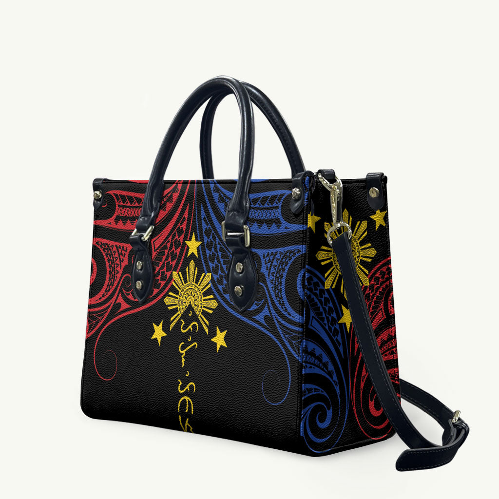 Philippines Heritage Leather Bag Baybayin Philipinas Sun LT7 Black - Polynesian Pride