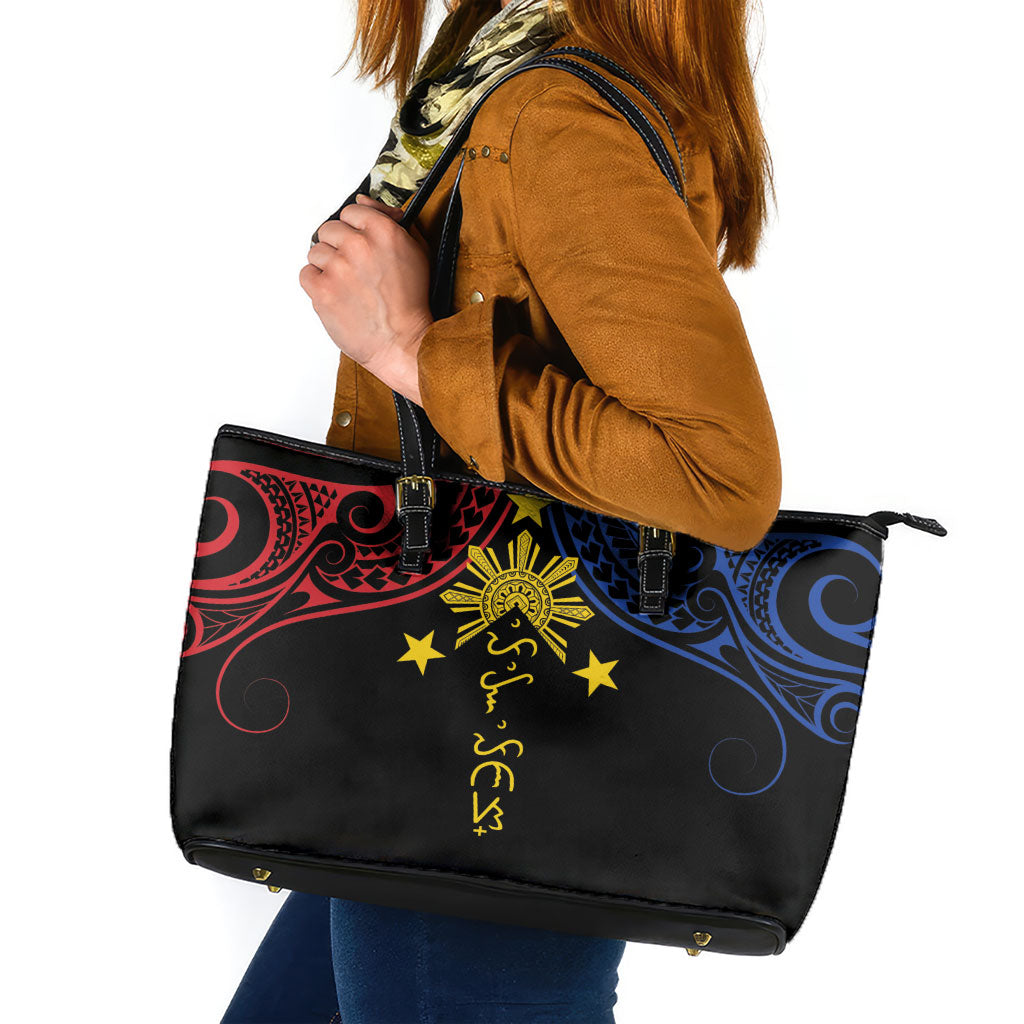 Philippines Heritage Leather Tote Bag Baybayin Philipinas Sun LT7 Black - Polynesian Pride