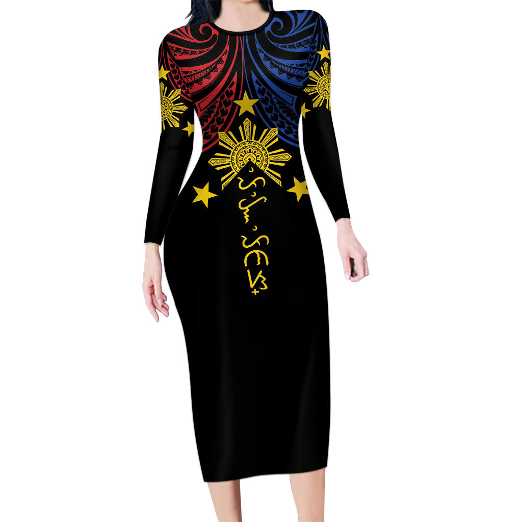 Philippines Heritage Personalized Long Sleeve Bodycon Dress Baybayin Philipinas Sun LT7 Long Dress Black - Polynesian Pride