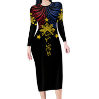 Philippines Heritage Personalized Long Sleeve Bodycon Dress Baybayin Philipinas Sun LT7 Long Dress Black - Polynesian Pride