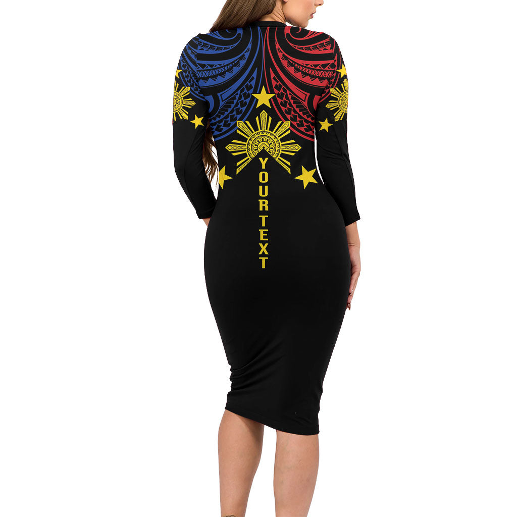 Philippines Heritage Personalized Long Sleeve Bodycon Dress Baybayin Philipinas Sun LT7 - Polynesian Pride