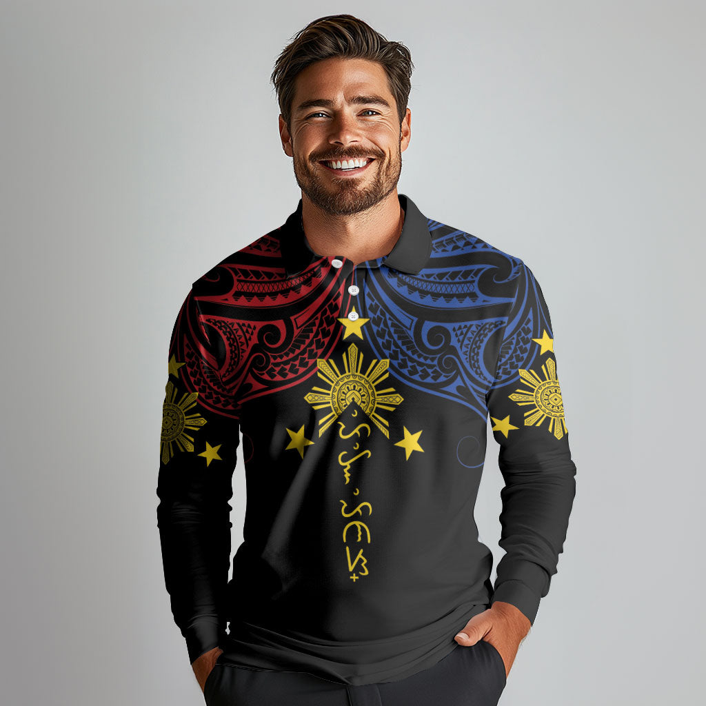 Philippines Heritage Personalized Long Sleeve Polo Shirt Baybayin Philipinas Sun LT7 - Polynesian Pride