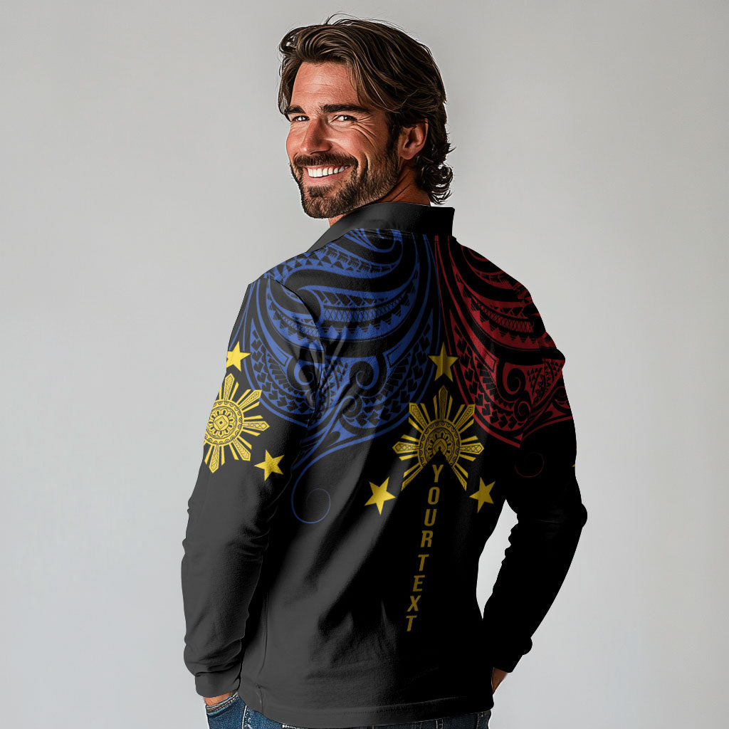 Philippines Heritage Personalized Long Sleeve Polo Shirt Baybayin Philipinas Sun LT7 - Polynesian Pride