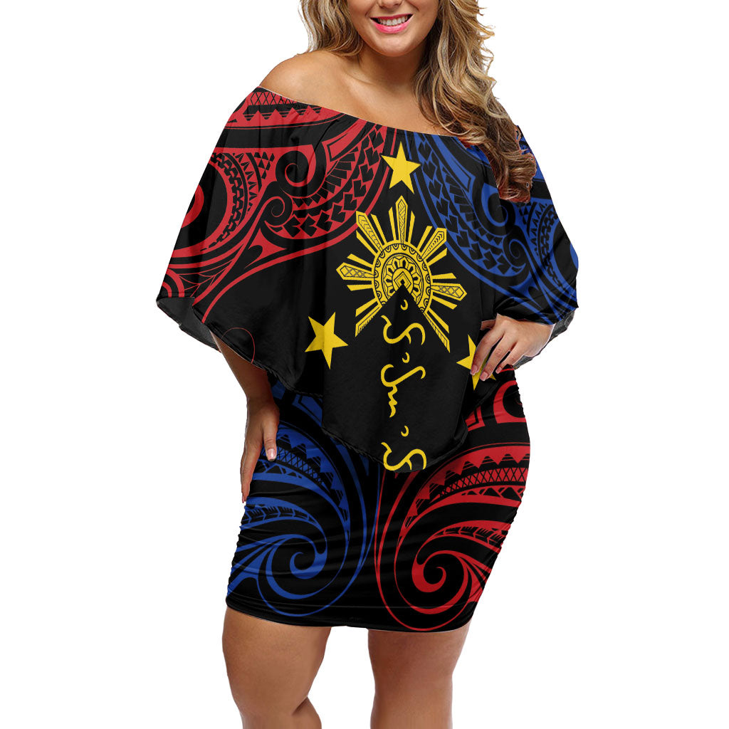 Philippines Heritage Personalized Off Shoulder Short Dress Baybayin Philipinas Sun LT7 Women Black - Polynesian Pride