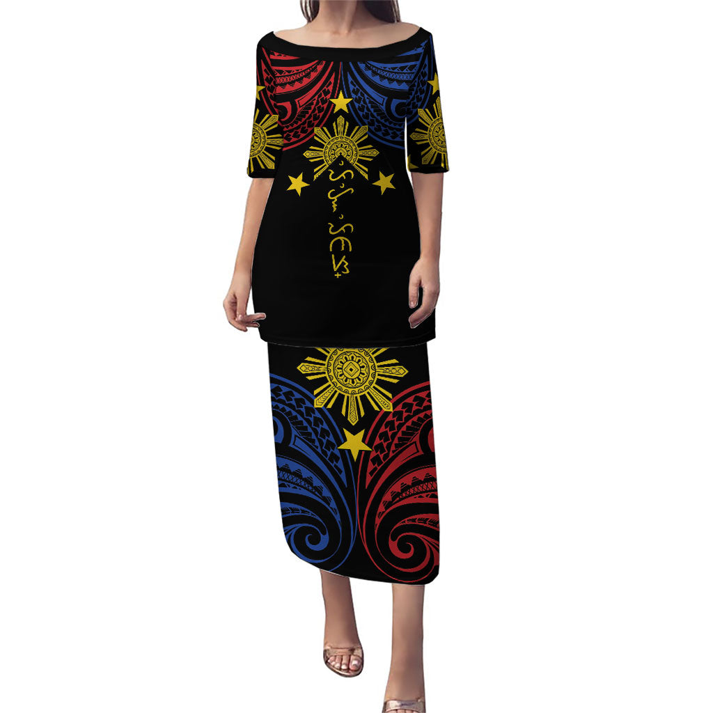 Philippines Heritage Personalized Puletasi Baybayin Philipinas Sun LT7 Long Dress Black - Polynesian Pride