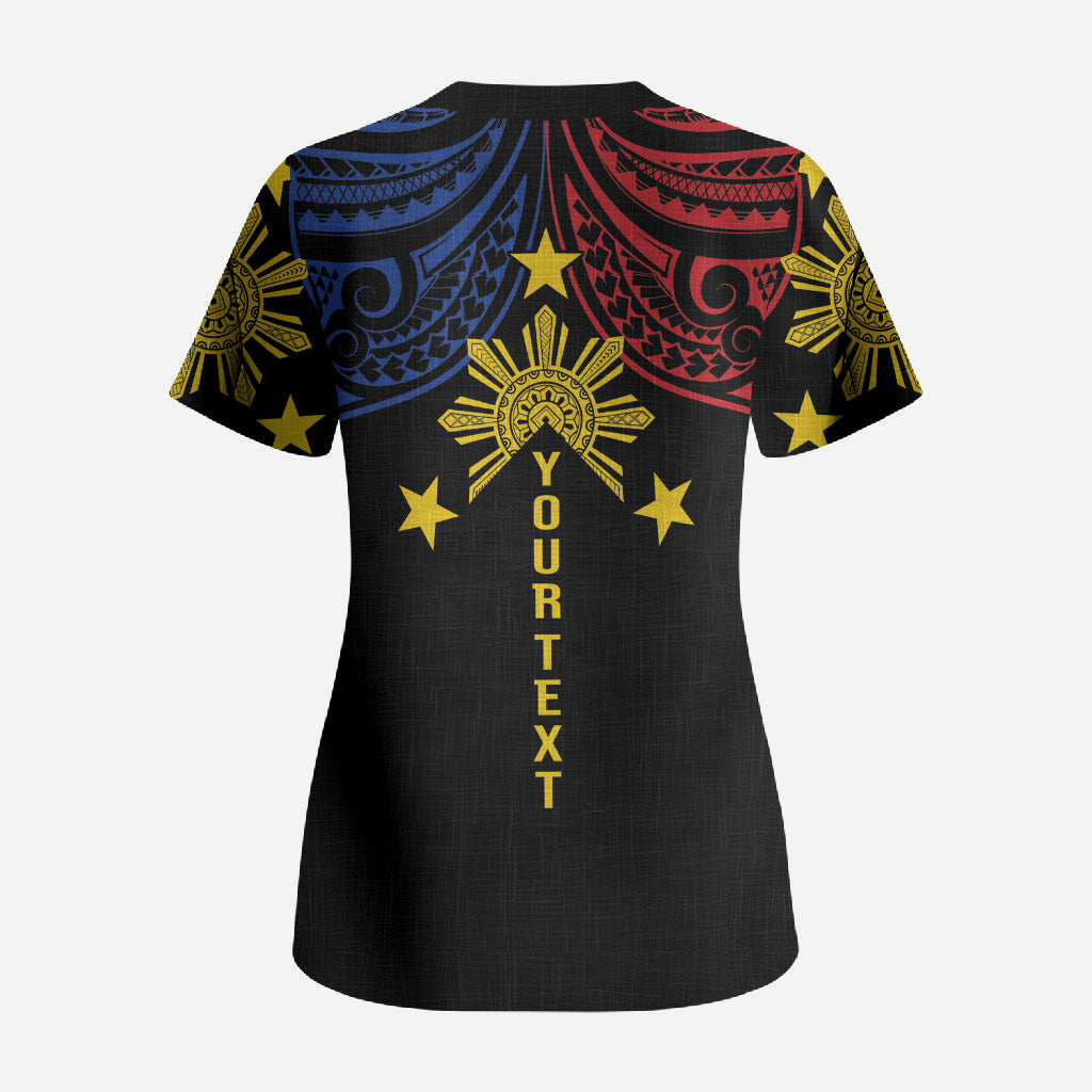 Philippines Heritage Personalized Scrub Top Baybayin Philipinas Sun LT7 - Polynesian Pride