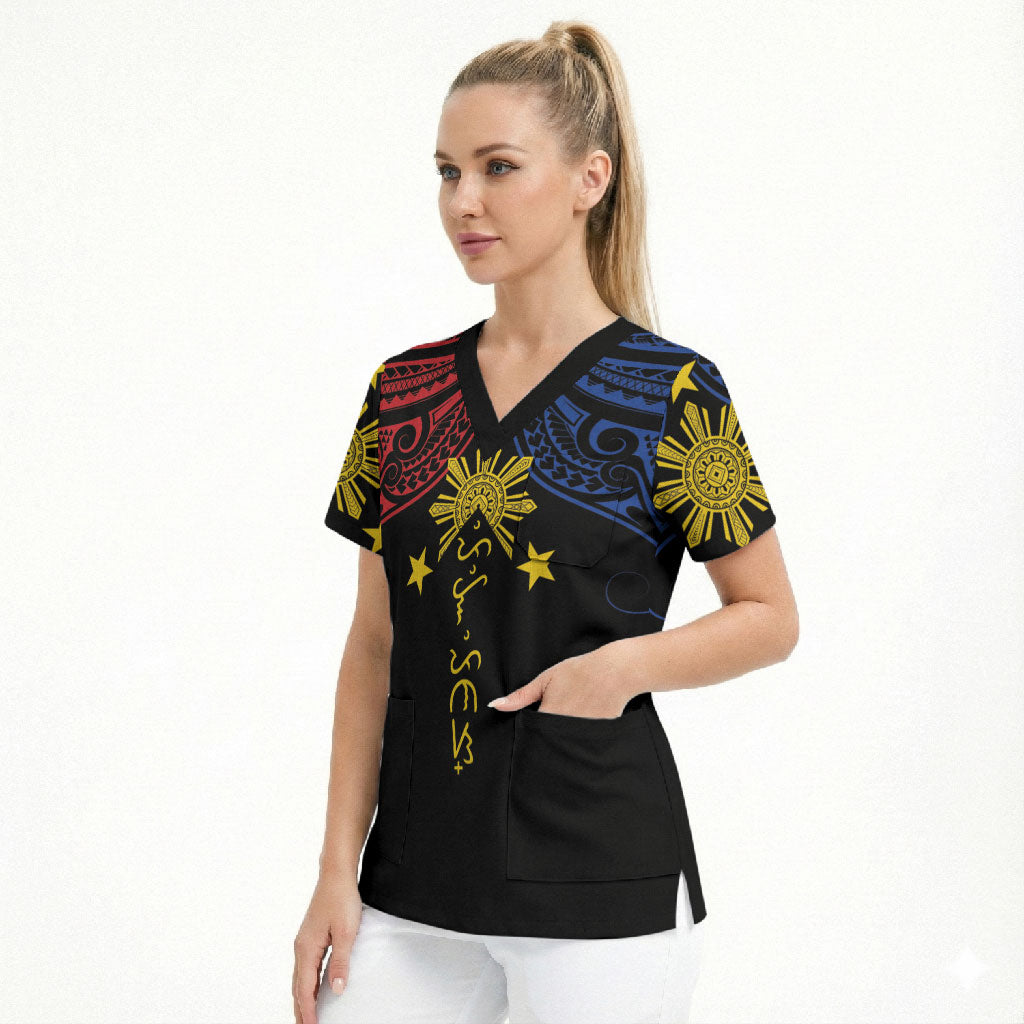 Philippines Heritage Personalized Scrub Top Baybayin Philipinas Sun LT7 - Polynesian Pride