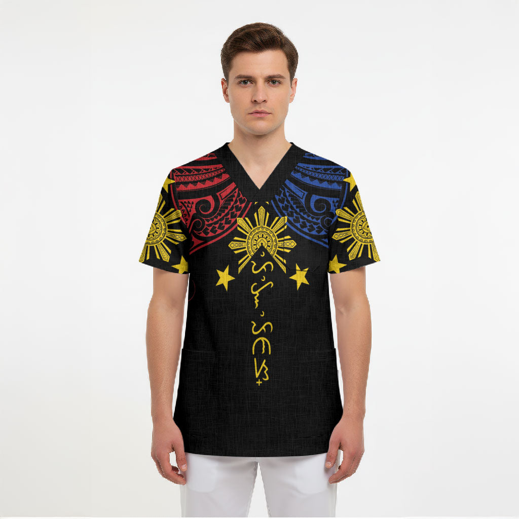 Philippines Heritage Personalized Scrub Top Baybayin Philipinas Sun LT7 - Polynesian Pride