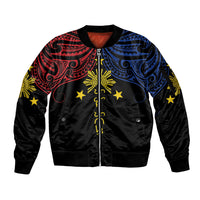 Philippines Heritage Personalized Sleeve Zip Bomber Jacket Baybayin Philipinas Sun LT7 Unisex Black - Polynesian Pride